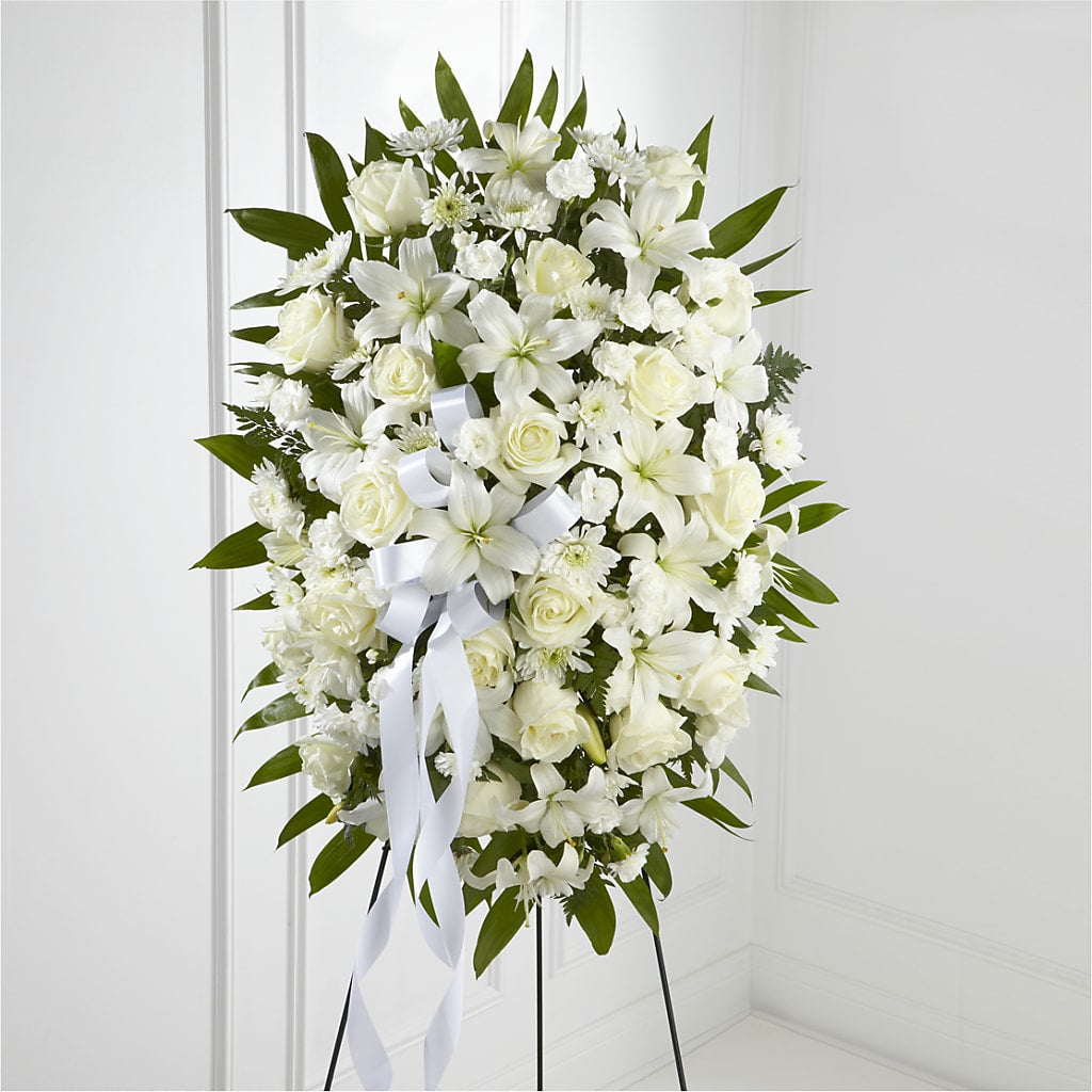 Exquisite Tribute Standing Spray-White Ribbon – KLEIN'S FLORAL & GREENHOUSES INC, Madison WI