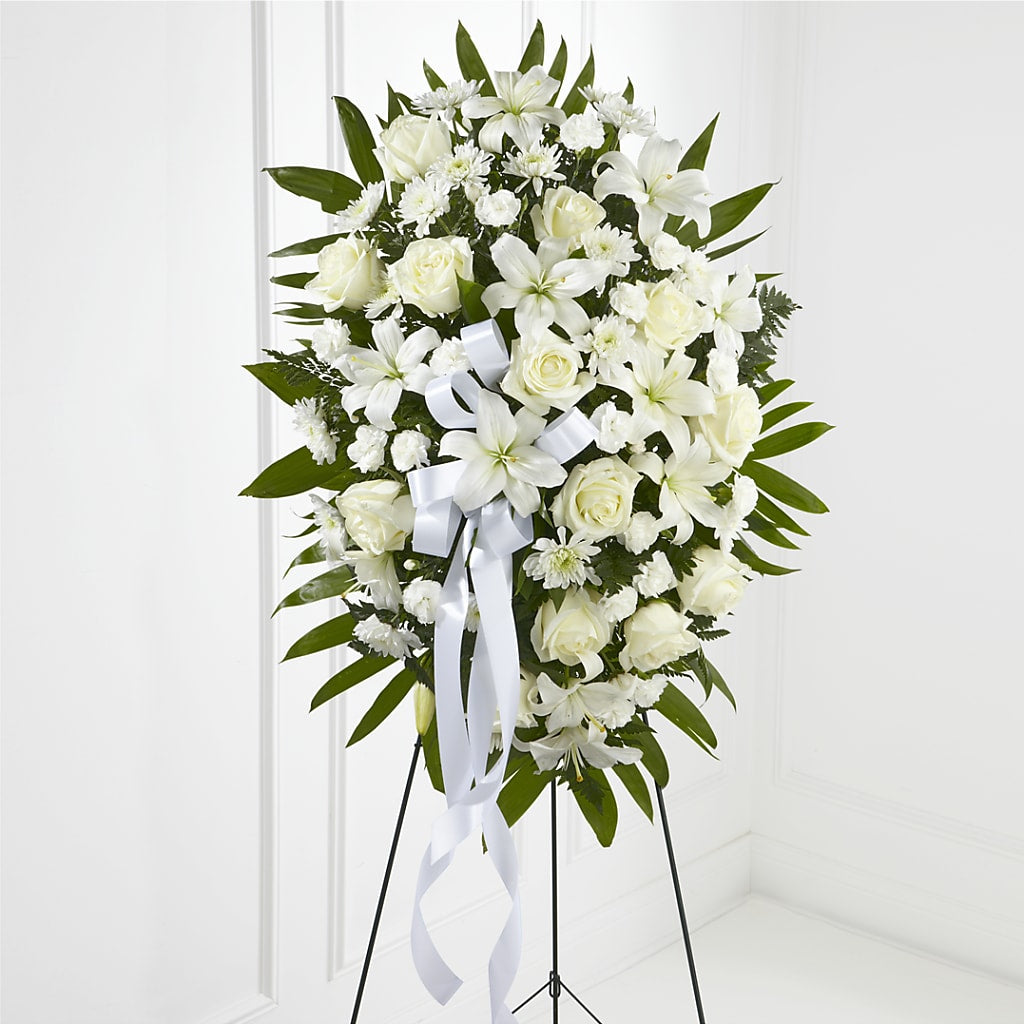 Exquisite Tribute Standing Spray-White Ribbon – KLEIN'S FLORAL & GREENHOUSES INC, Madison WI